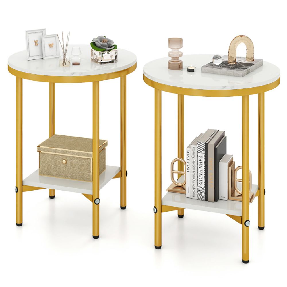 2-Tier Round Coffee Table with Storage Shelf Living Room Side Tables