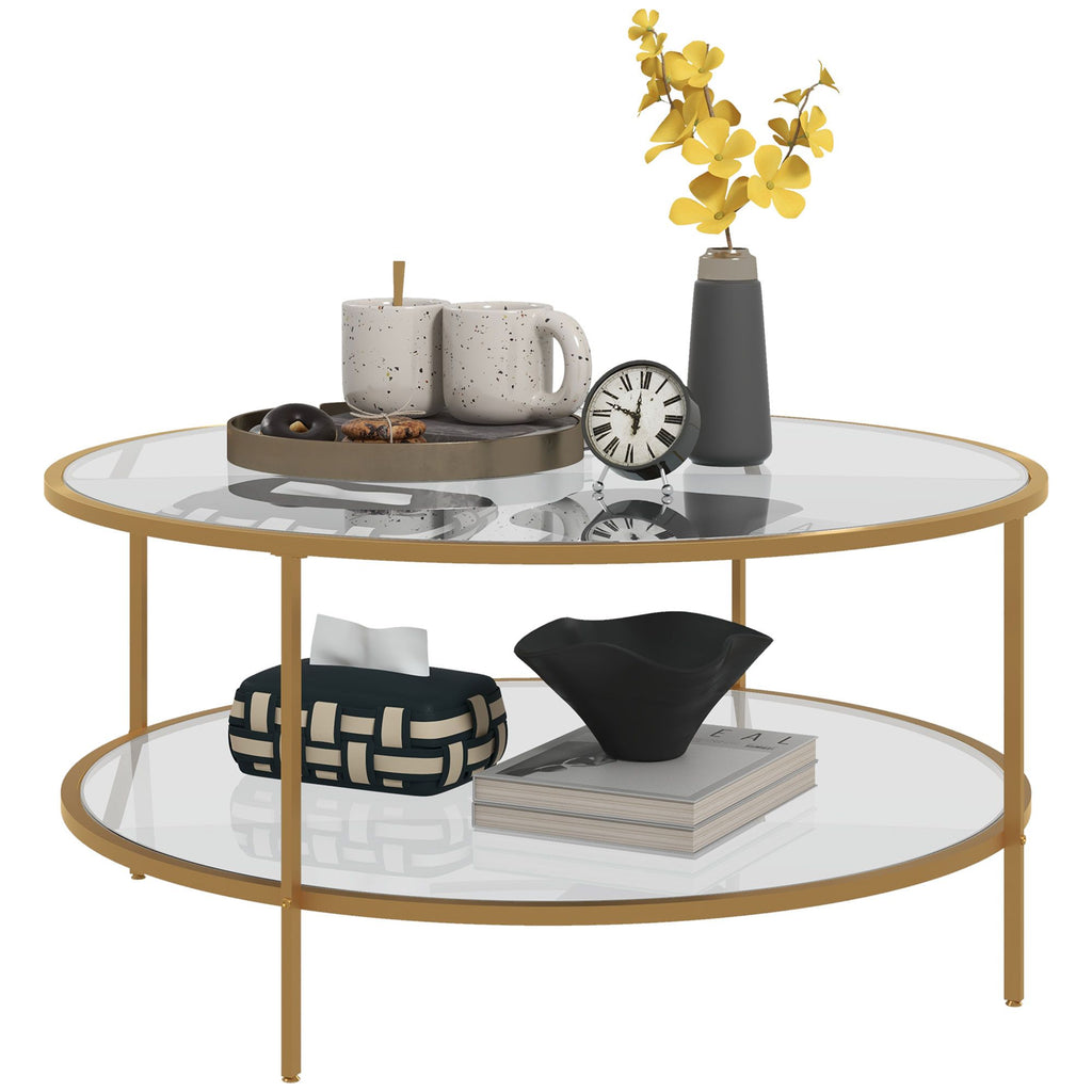2-Tier Round Side Table, Sofa End Table for Living Room, Small Accent Table with Tempered Glass Top and Steel Frame