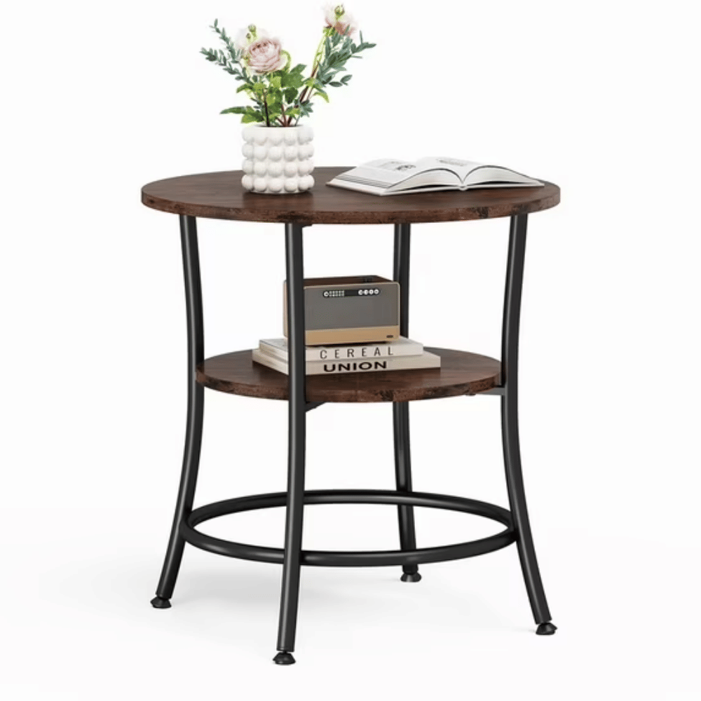2-Tier Round Side TableSpace-Saving End Table for Small Living Room & BedroomRust Brown