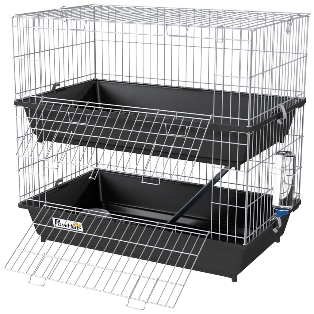 2-Tier Small Animal Cage with 2 Doors, Trays, Dish, Bottle, and Ramp for Bunny, Ferret, Chinchilla, Black