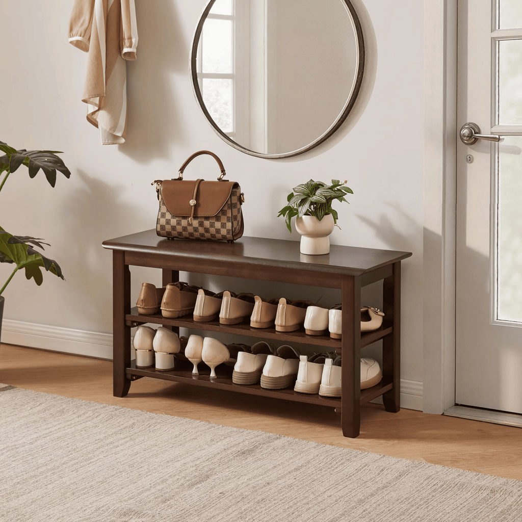 2-Tier Solid Wood Shoe Bench withStorageShelves, Entryway Shoe Rack with Hallway Seating Bench, Walnut