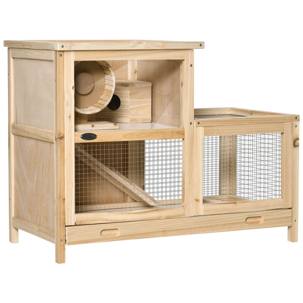 2-Tier Wooden Hamster Cage with Sliding Tray, Ladder, Running Wheel, Natural Wood Small Pet Homes
