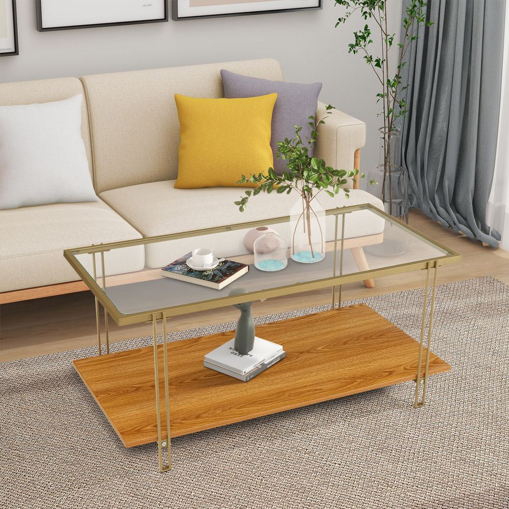 2 Tiers Rectangle Glass Coffee Table with White and Gold Steel Frame living room table