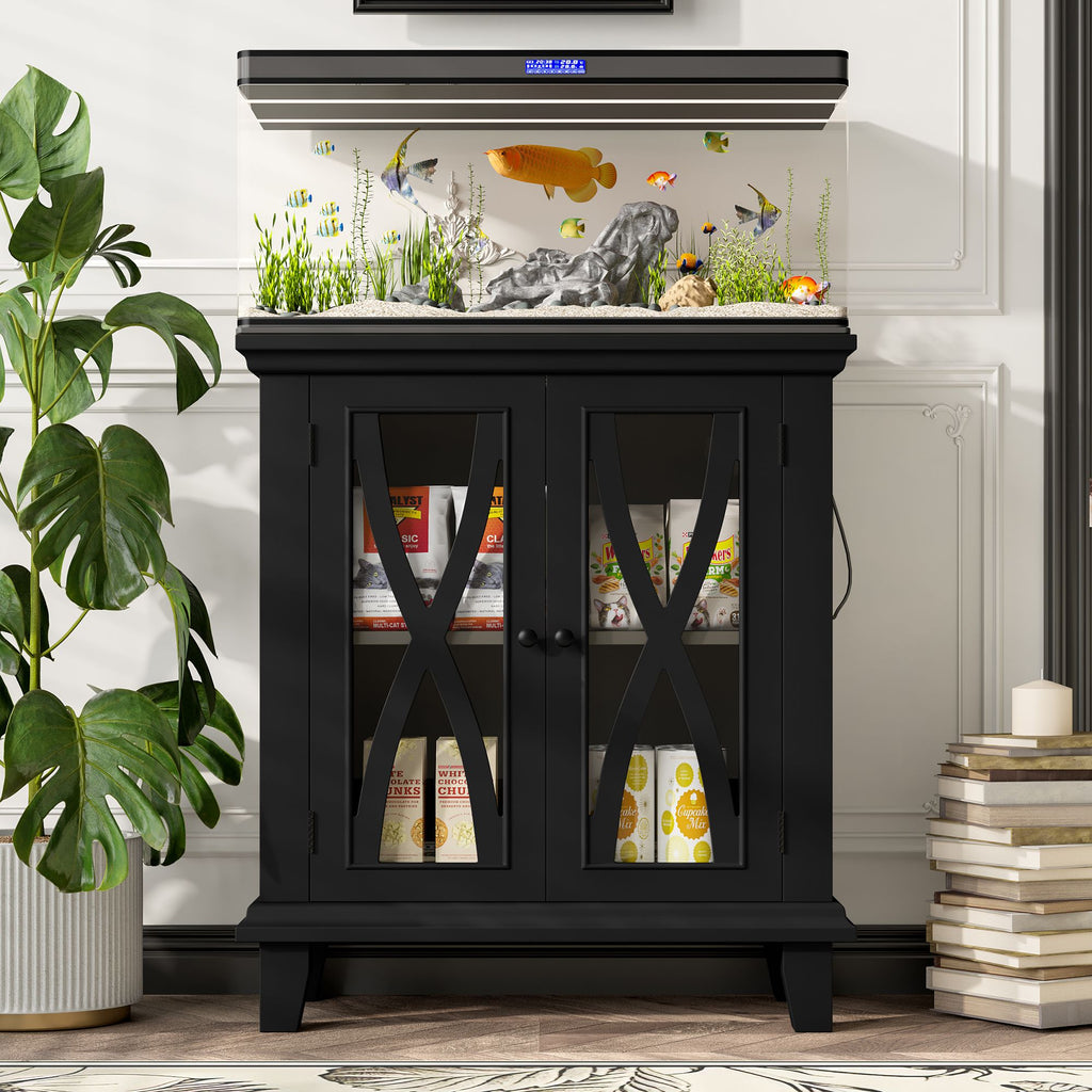20 Gallon Fish Tank Stand with Power Outlets(4 AC 2 USB), Farmhouse Decorative Aquarium Stand Furniture with Adjustable Shelves, 10-20 Gallon Reptile Turtle Tank Stand with Cabinet Storage, Black