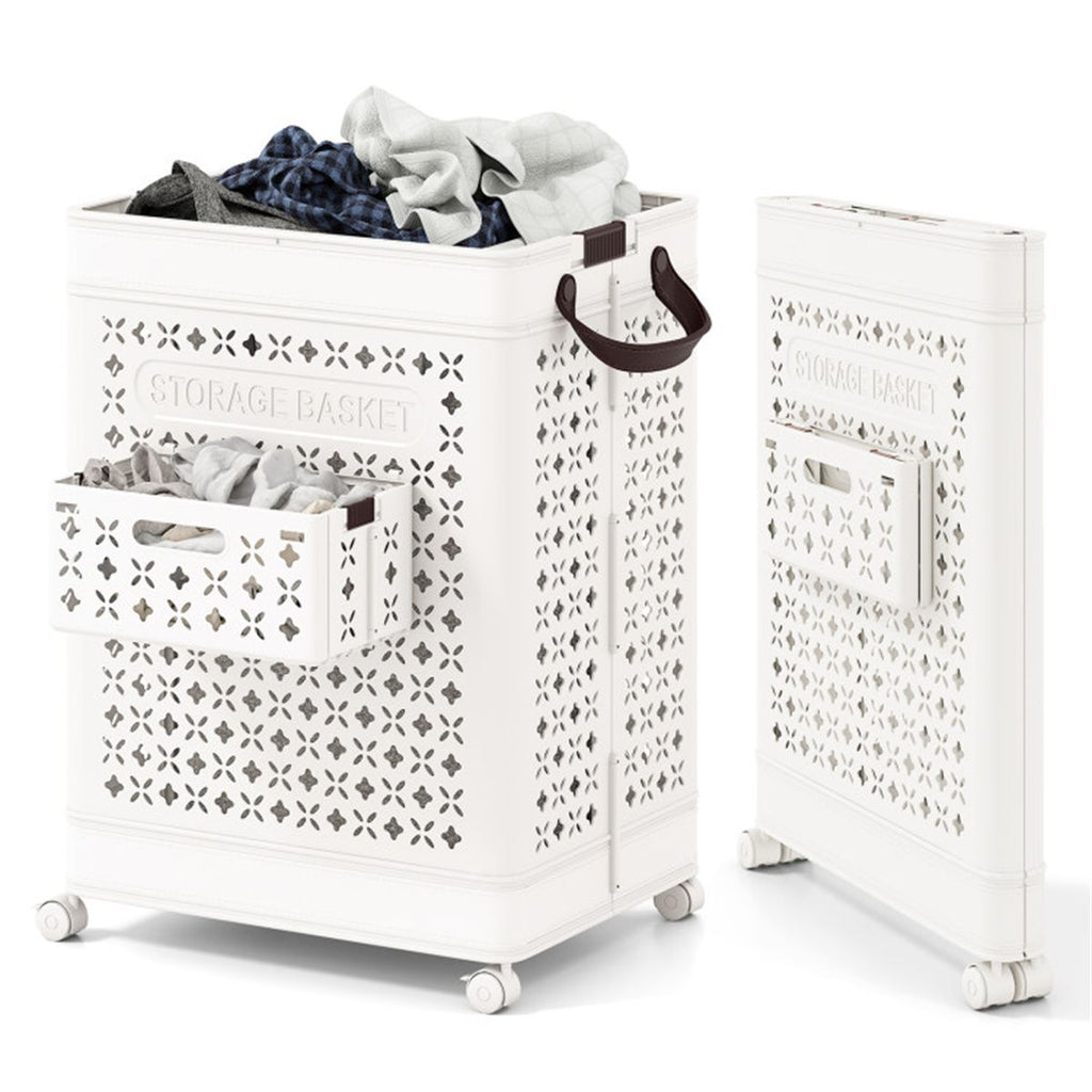 20 Gallon Foldable Laundry Hamper with Mini Hanging Basket, PP Hollow Design with Wheels