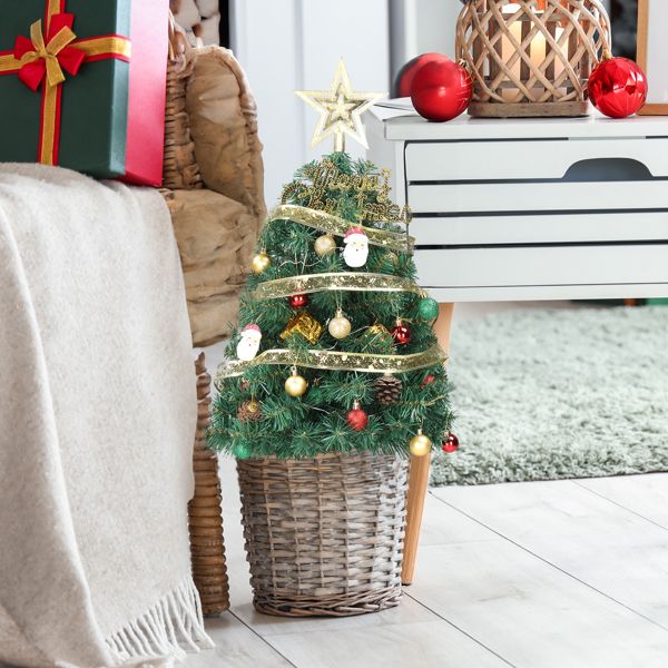 20 in Pre-lit Artificial Mini Christmas Tree, Tabletop Small Xmas Pine Tree with Ornaments and 30 Warm Lights Battery Operated for Home Office Store Holiday Deco, Green