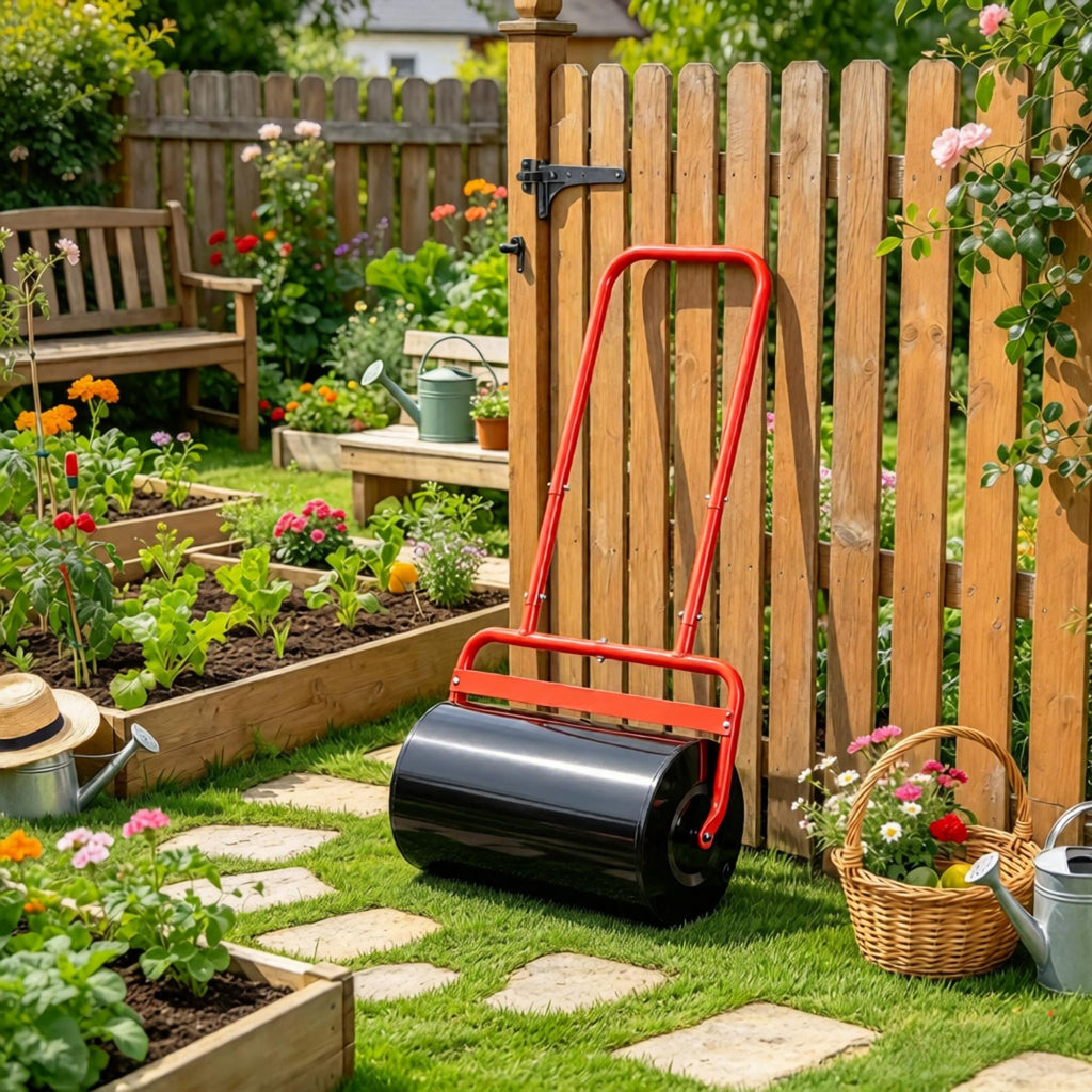 20-Inch Push Tow Behind Lawn Roller, Fillable with 10 Gal Water or Sand, Garden Roller for Sod Flattening, Red