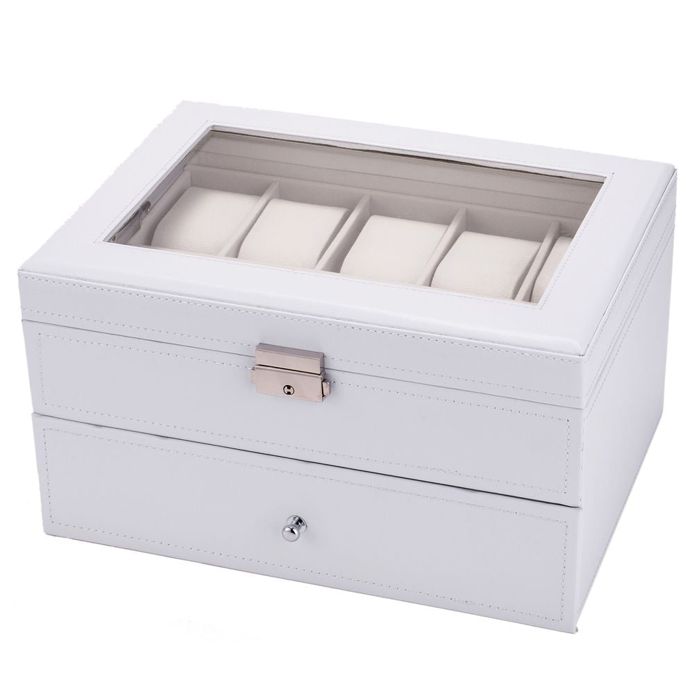 20 Watch Box Lockable Organizer Display Case with Glass Top White