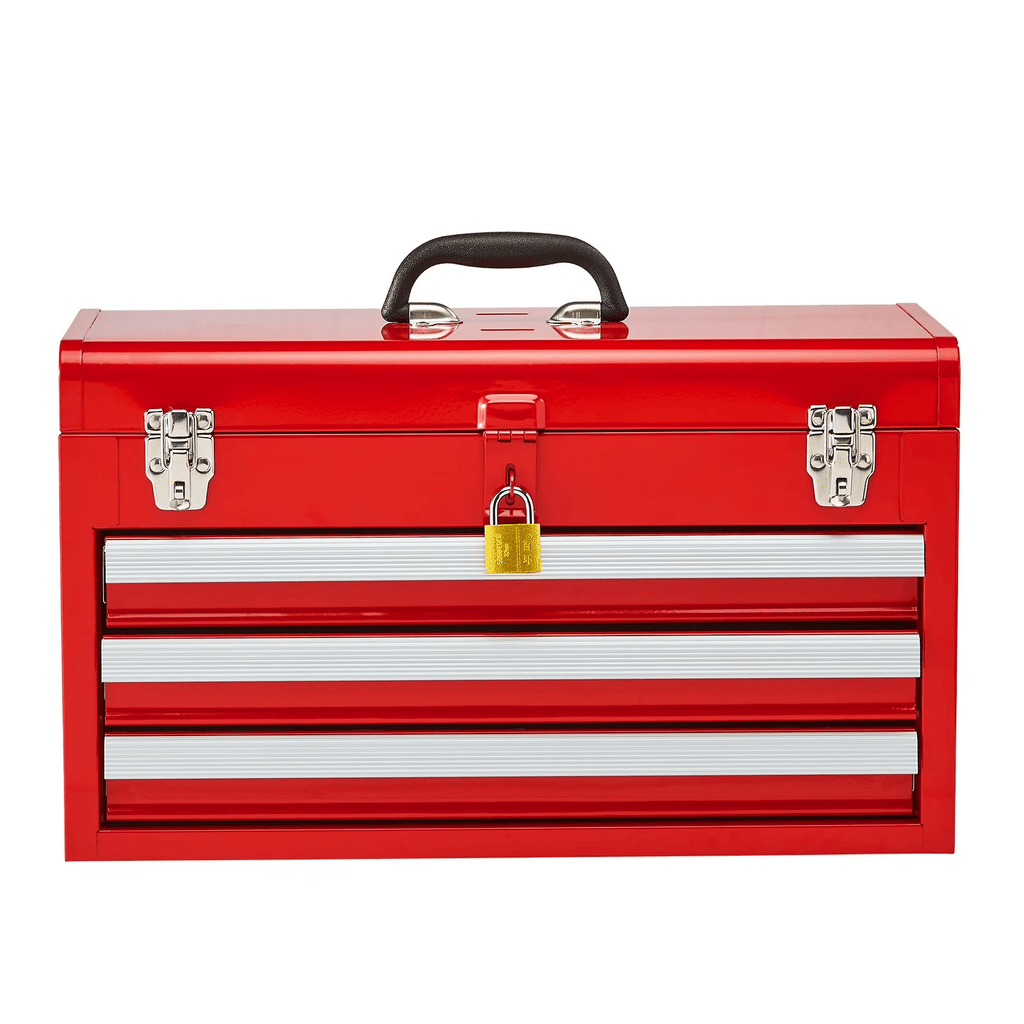 20.5-Inch Portable Metal Tool Box with 3 Drawers, Small Tool Chest Featuring EVA Liners, Ball-Bearing Slides, Lockable Design, and Powder-Coated Finish, Red Multi-Purpose Organizer