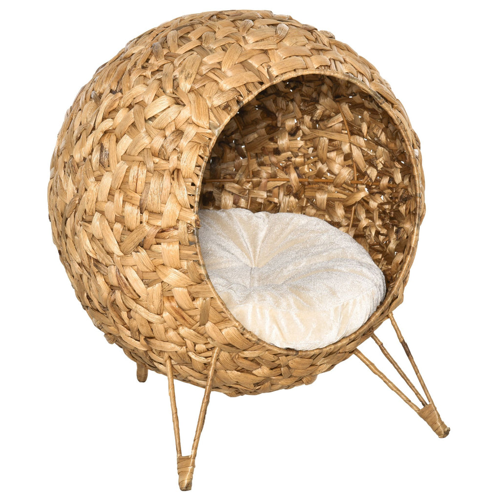 20.5 Weaved Cat Bed Elevated Hand Made Cat House Condo with Cushion Brown