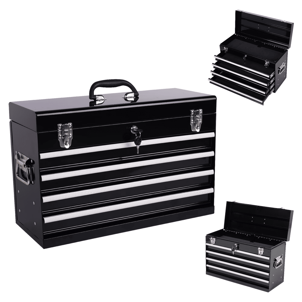 21" Metal Tool Box with 4 Drawers,Small Tool Chest with EVA Liners,Multi-Function Tool OrganizerforGarage,Workshop,Black