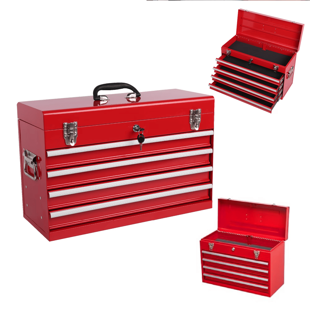21" Metal Tool Box with 4 Drawers,Small Tool Chest with EVA Liners,Multi-Function Tool OrganizerforGarage,Workshop,Red
