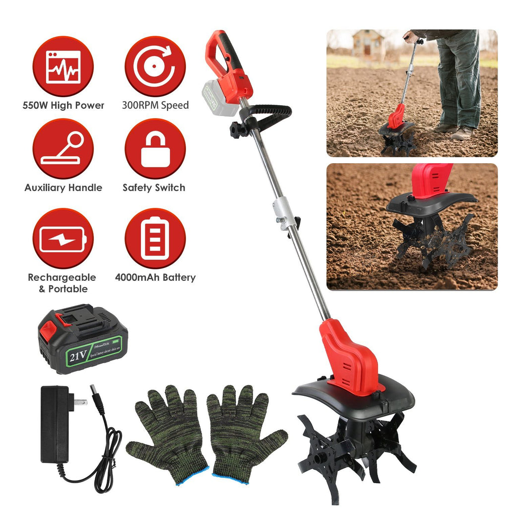 21V Electric Cordless Electric Soil Cultivator - 550W High Power 300RPM, 4-Blade 16 Steel Tines , 4000mAh Battery + Battery Display, Safety Protection + Auxiliary Handle, Perfect for Weeding/Lawn Care