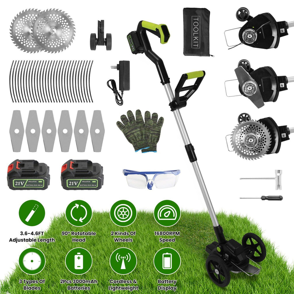 21V Electric Weed Edger Cordless String Trimmer Grass Mower Eater Bush Cutter with 16800RPM 2x 3000mAh Batteries 3.6-4.6FT Length 90° Rotatable Angle Saw Blade Steel Blade String Blade