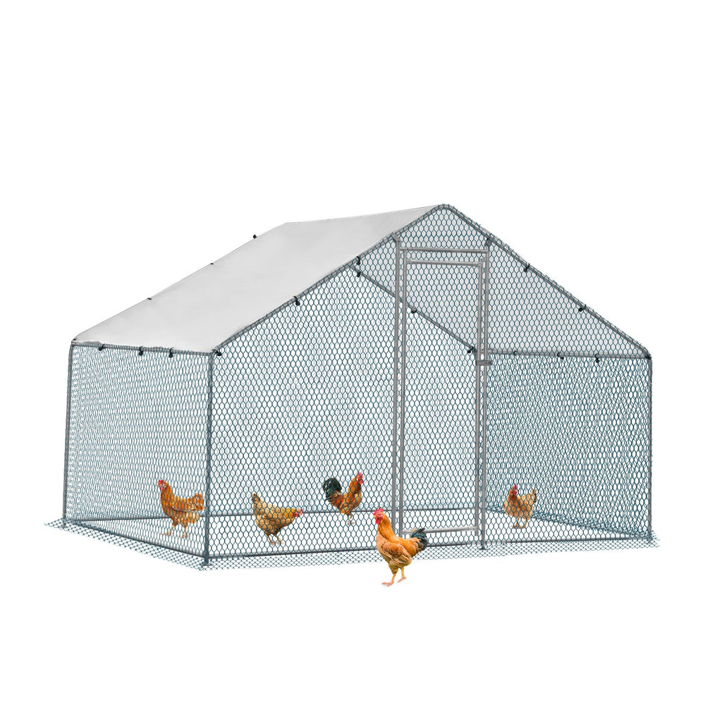 2*2*2m/6.5x6.5x6.5ft Silver Chicken Coop with Pointed Roof, 180g PE Rain Cloth, Metal Chicken and Rabbit Cage