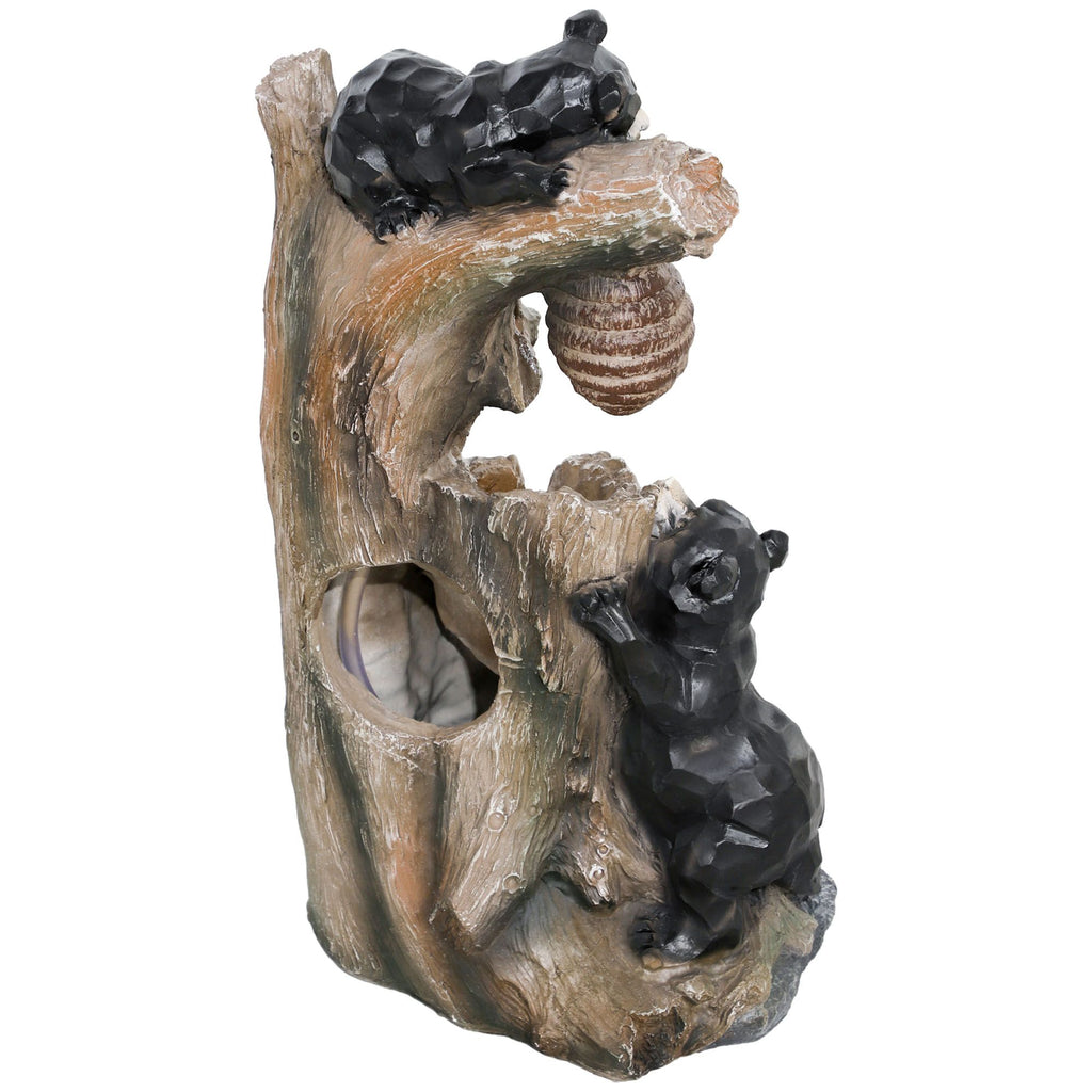 22.4" Outdoor Fountain, 3-Tier Resin Resin Bears and Honey Beehive Outdoor Waterfall Fountain with LED Lights, Pump