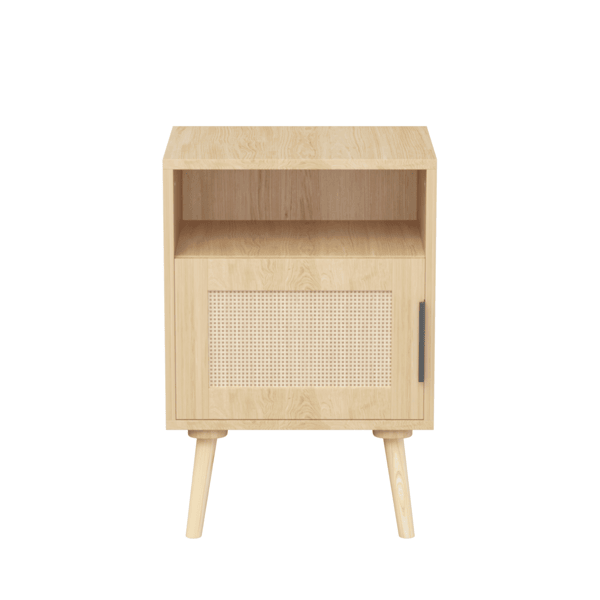 22.83'' H Rattan Nightstand, Side Table with Door Open Shelf, Accent Bedside End Table with Solid Wood Legs for Bedroom, Dorm and Small Spaces, Oak