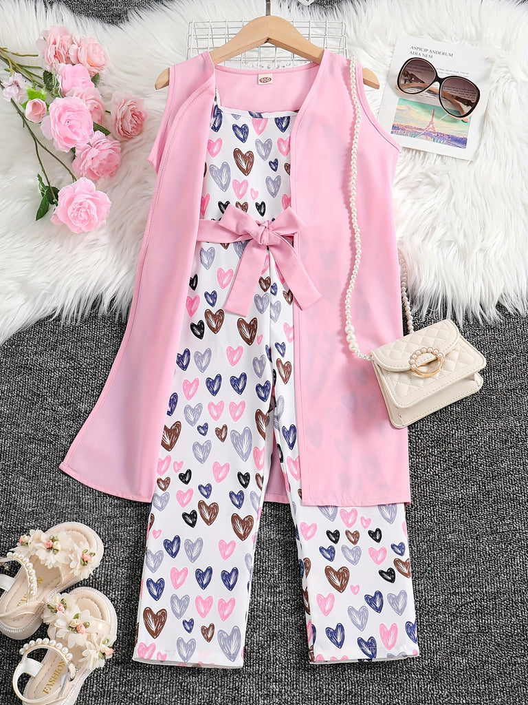 Girls Casual Trendy Cute Cartoon Heart Graphic Jumpsuit & Sleeveless Outwear Set For Summer Holiday Party Kids Clothes