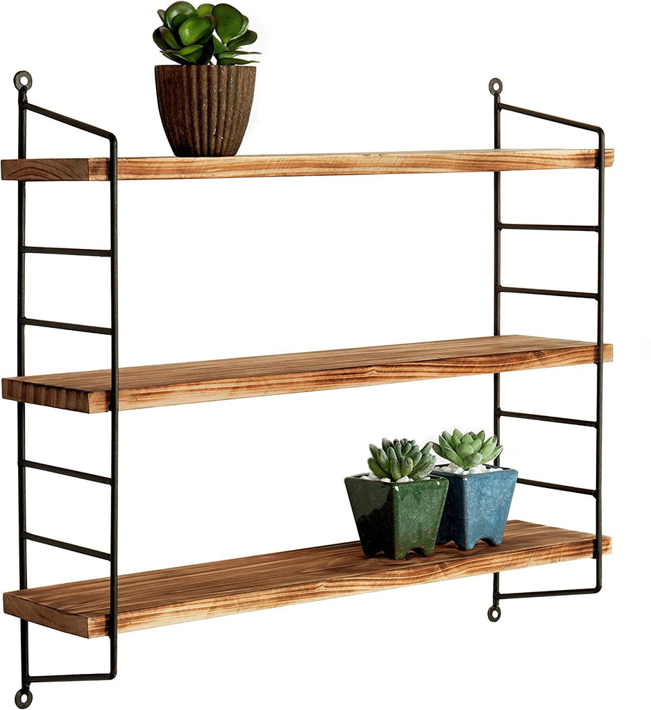 23-Inch Modern Industrial Metal and Torched Wood Adjustable Wall Mounted 3-Tier Display Floating Shelf