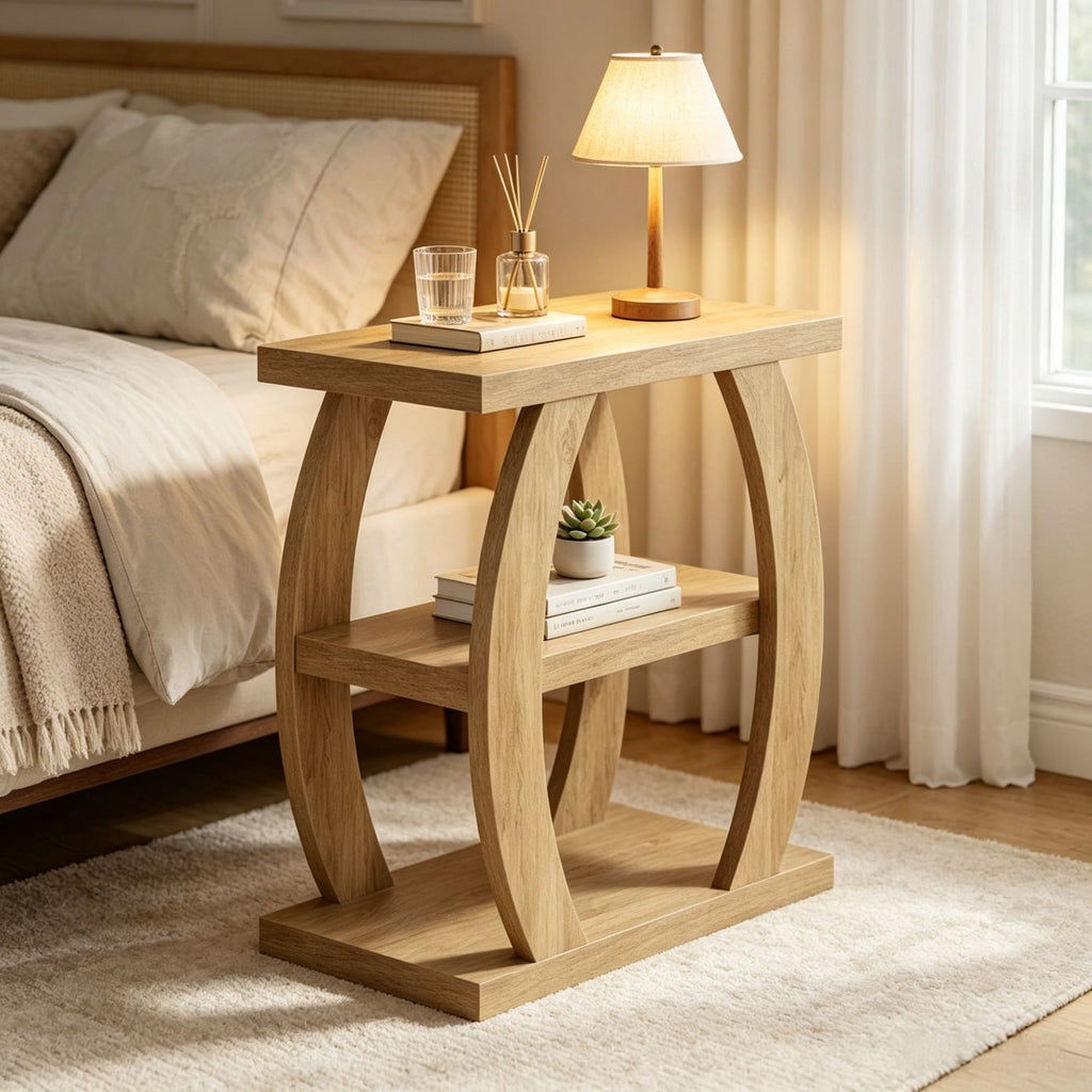 23.6" End Table, 3-Tier Farmhouse Side Table with Geometric Metal Frame, Rustic Accent Table for Living Room, Bedroom & Sofa