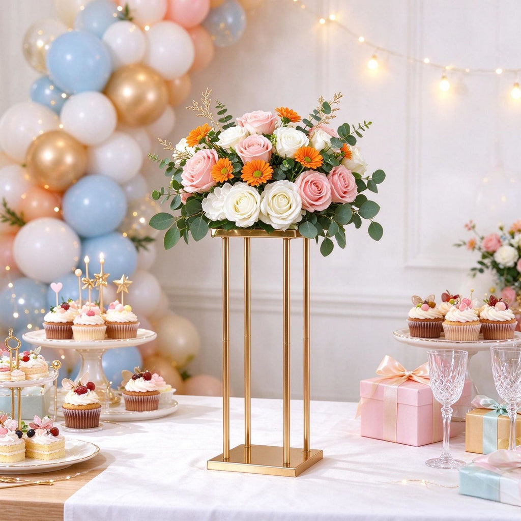 23.6 Inch Gold Wedding Flower Stand 4 Pack, Metal Column Geometric Centerpiece Stands with Metal Laminate for Vases, Table Decor, Reception & Party(Excluding flowers)