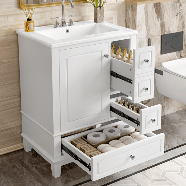 24" Bathroom Vanity with Sink and Drawers, White Freestanding Vanity Cabinet with Ceramic Top and Storage Shelves, MDF and Solid Wood Base, Modern Sink Cabinet for Small Bathrooms