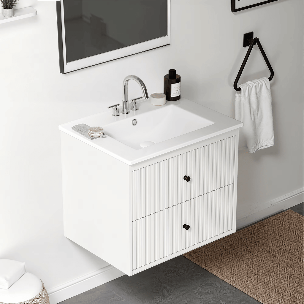 24'' Bathroom Vanity with Sink Set, Floating Bathroom Storage Cabinet with Doors and Drawers, Modern Vanity Sink Cabinet Wall Mount with Painted Surface, White