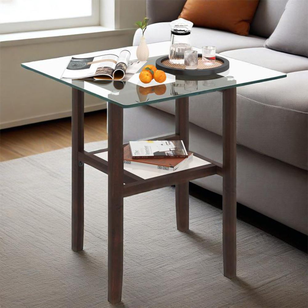 24 Inch 2-Tier Square Glass Coffee Table Center Table with Storage Shelf