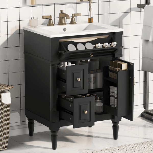 24 Inch Bathroom Vanity with Sink, Black Freestanding Bathroom Cabinet with Flip Drawer, Adjustable Shelf, Solid Rubberwood Frame, MDF Panels & Metal Handles