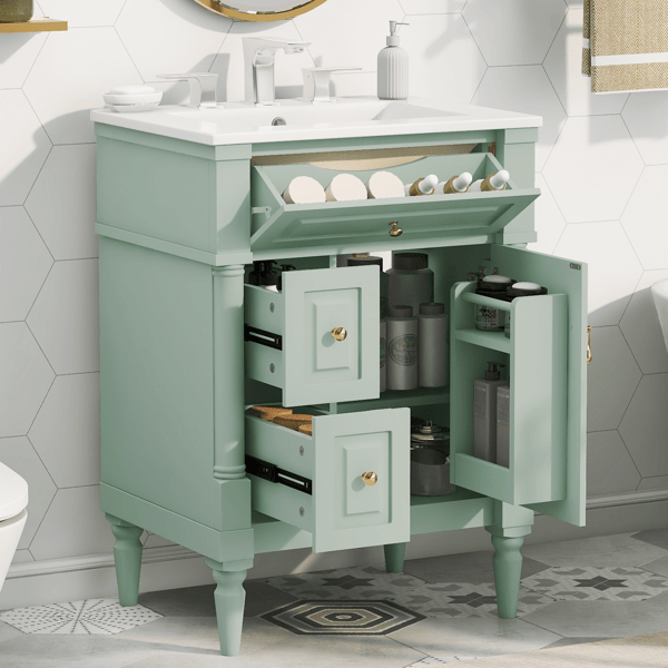 24 Inch Bathroom Vanity with Sink, Green Freestanding Bathroom Cabinet with Flip Drawer, Adjustable Shelf, Solid Rubberwood Frame, MDF Panels & Metal Handles