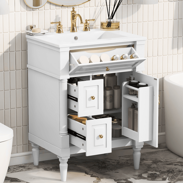 24 Inch Bathroom Vanity with Sink, White Freestanding Bathroom Cabinet with Flip Drawer, Adjustable Shelf, Solid Rubberwood Frame, MDF Panels & Metal Handles