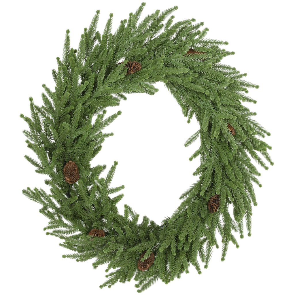 24 inch Christmas Wreath, Artificial Norfolk Pine Wreath with Pine Cones and 88 Realistic Branches for Door, Wall