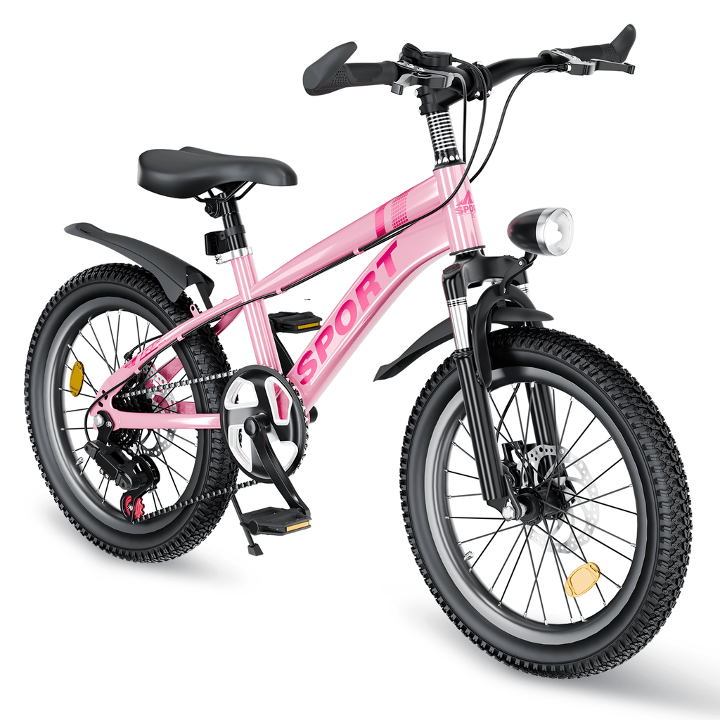 24 Inch Kids Mountain Bike for Boys & Girls Ages 7-12 – 7-Speed Gears, Dual Disc Brakes, Shock Absorber Front Fork, LED Light – Silver & Pink -Does not support self pick up