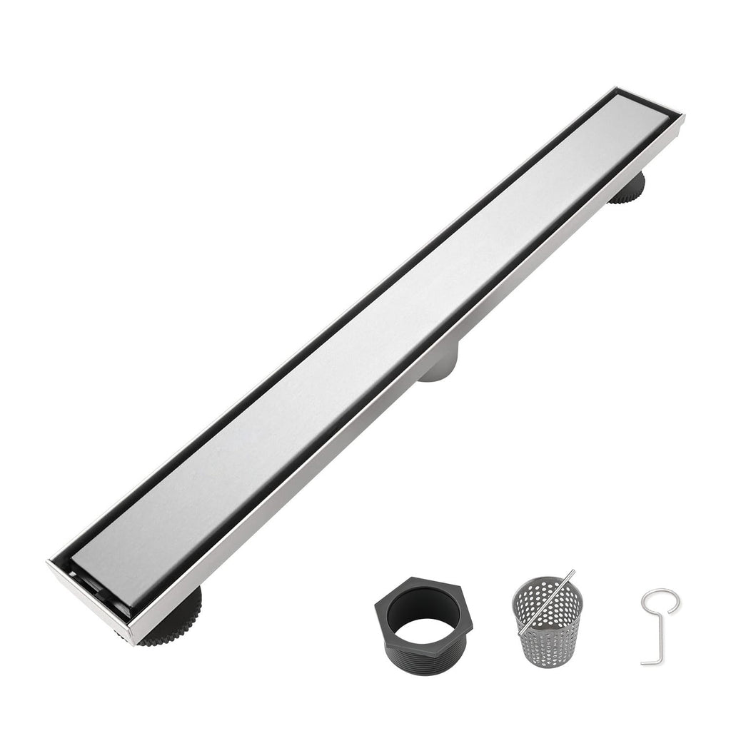 24 Inch Linear Shower Drain with 2-in-1 Flat & Tile Insert Removable Cover, 304 Stainless Steel with Hair Strainer and Leveling Feet, Brushed Nickel