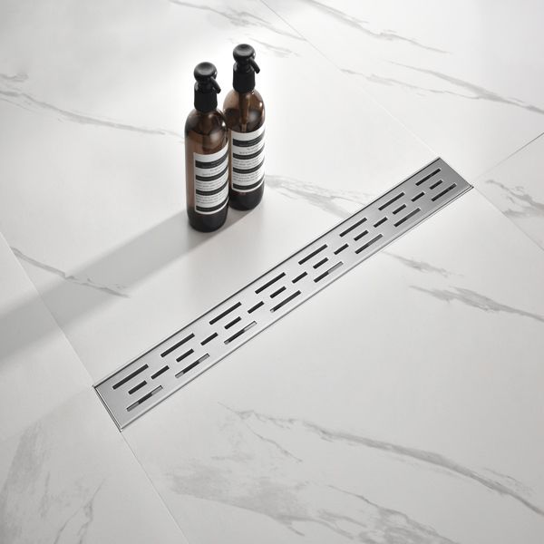 24 Inch Linear Shower Drain with Removable Brick Patterned Grate Cover, 304 Stainless Steel Shower Floor Drain with Hair Strainer and Leveling Feet