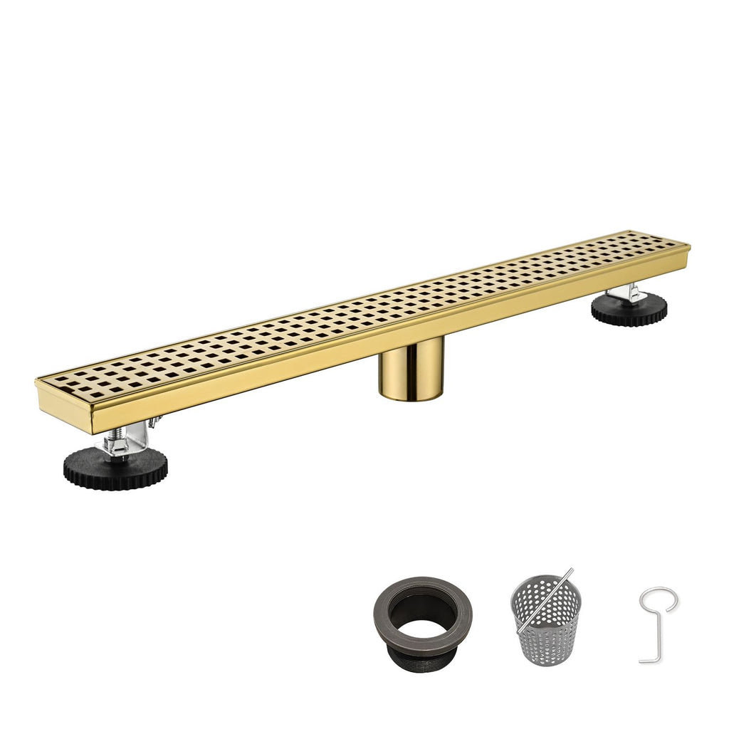 24 Inch Linear Shower Drain with Removable Square Patterned Grate, 304 Stainless Steel with Hair Strainer and Leveling Feet, Brushed Gold