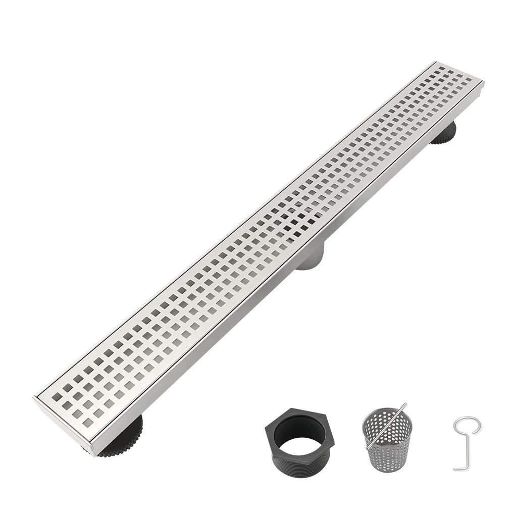 24 Inch Linear Shower Drain with Removable Square Patterned Grate, 304 Stainless Steel with Hair Strainer and Leveling Feet, Brushed Nickel