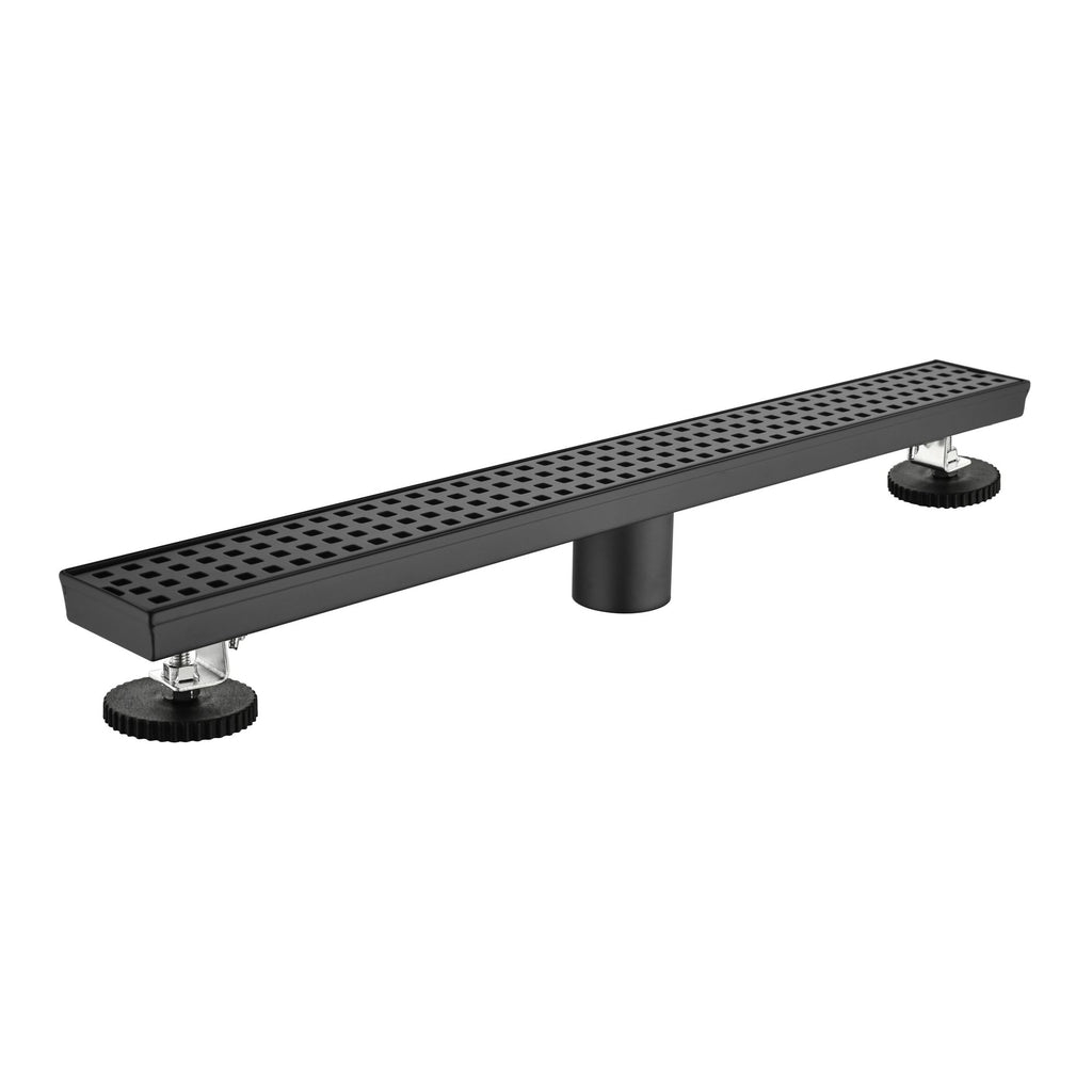 24 Inch Linear Shower Drain with Removable Square Patterned Grate, 304 Stainless Steel with Hair Strainer and Leveling Feet, Matte Black