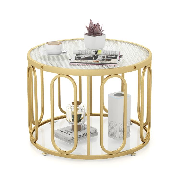 24 Inch Round Coffee Table with Reeded Tempered Glass Top and Oval Swivel Brackets