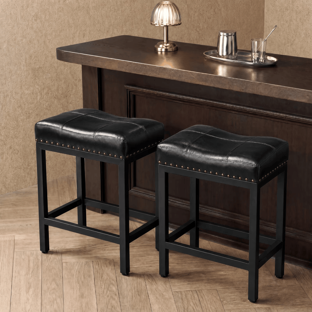 24 Inch Saddle Bar Stool Set of 2 PU Leather Counter Stools with Steel Frame and Footrest, Black