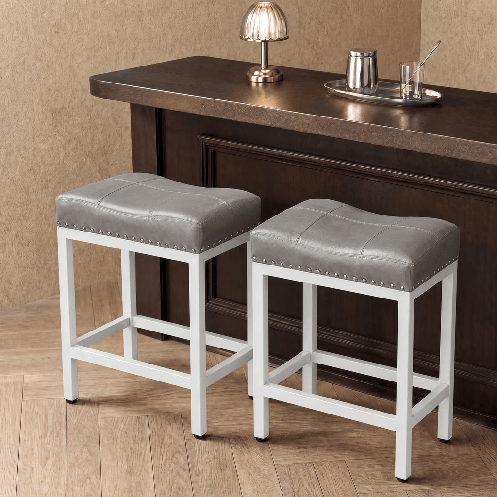 24 Inch Saddle Bar Stool Set of 2 PU Leather Counter Stools with Steel Frame and Footrest, Gray
