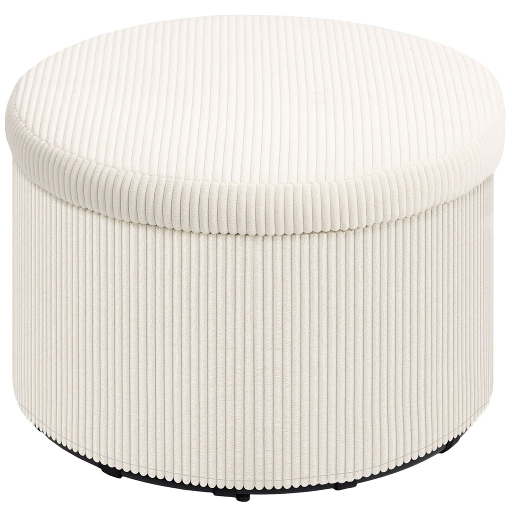 24 Inches Round Storage Ottoman Stool with Lid, Upholstered Corduroy Foot Rest for Living Room, Bedroom, Beige