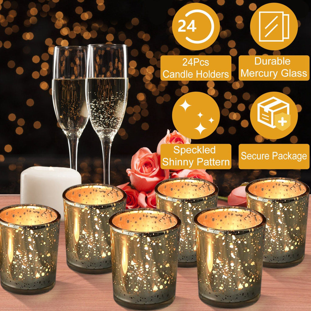 24 Pack Mercury Glass Votive Candle Holders, Gold Silver Speckled Tealight Candle Cups for Wedding, Party, Table Centerpiece Decor