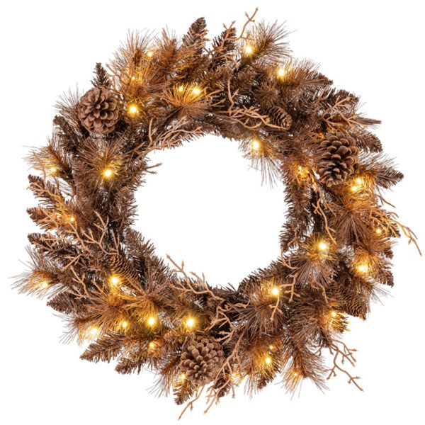 24" Pre-Lit Christmas Wreath - 35 Warm White LEDs+6 Pine Cones, 105 Branch Tips (Brown)