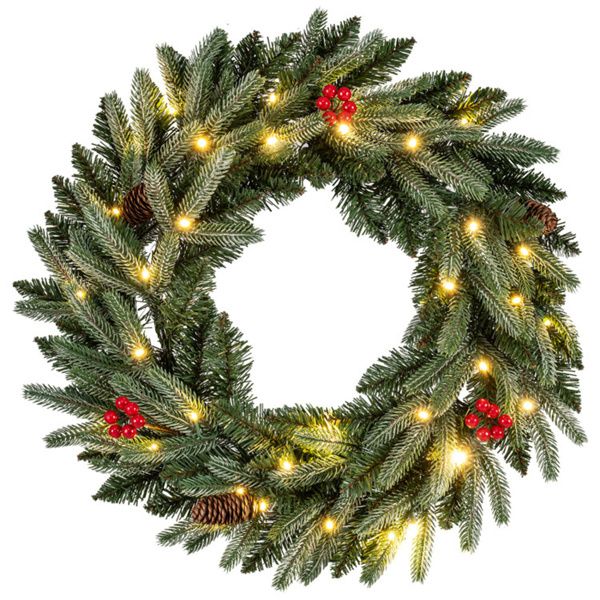 24" Pre-Lit Christmas Wreath (Green) - 20 Warm White LEDs+Pine Cones+Red Berries