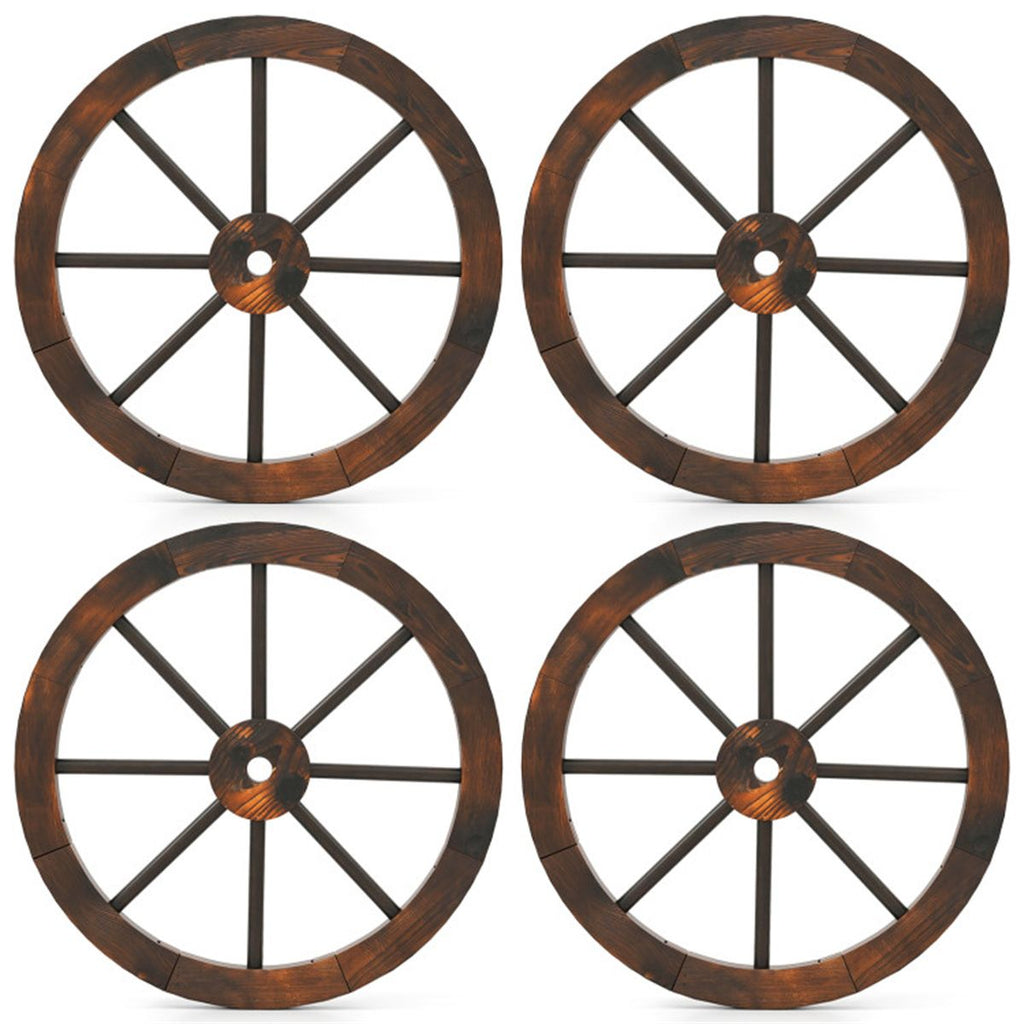 24" Set of 4 Carbonized Fir Wood Wagon Wheels, Rustic Western Decor with Reinforced Metal Rim