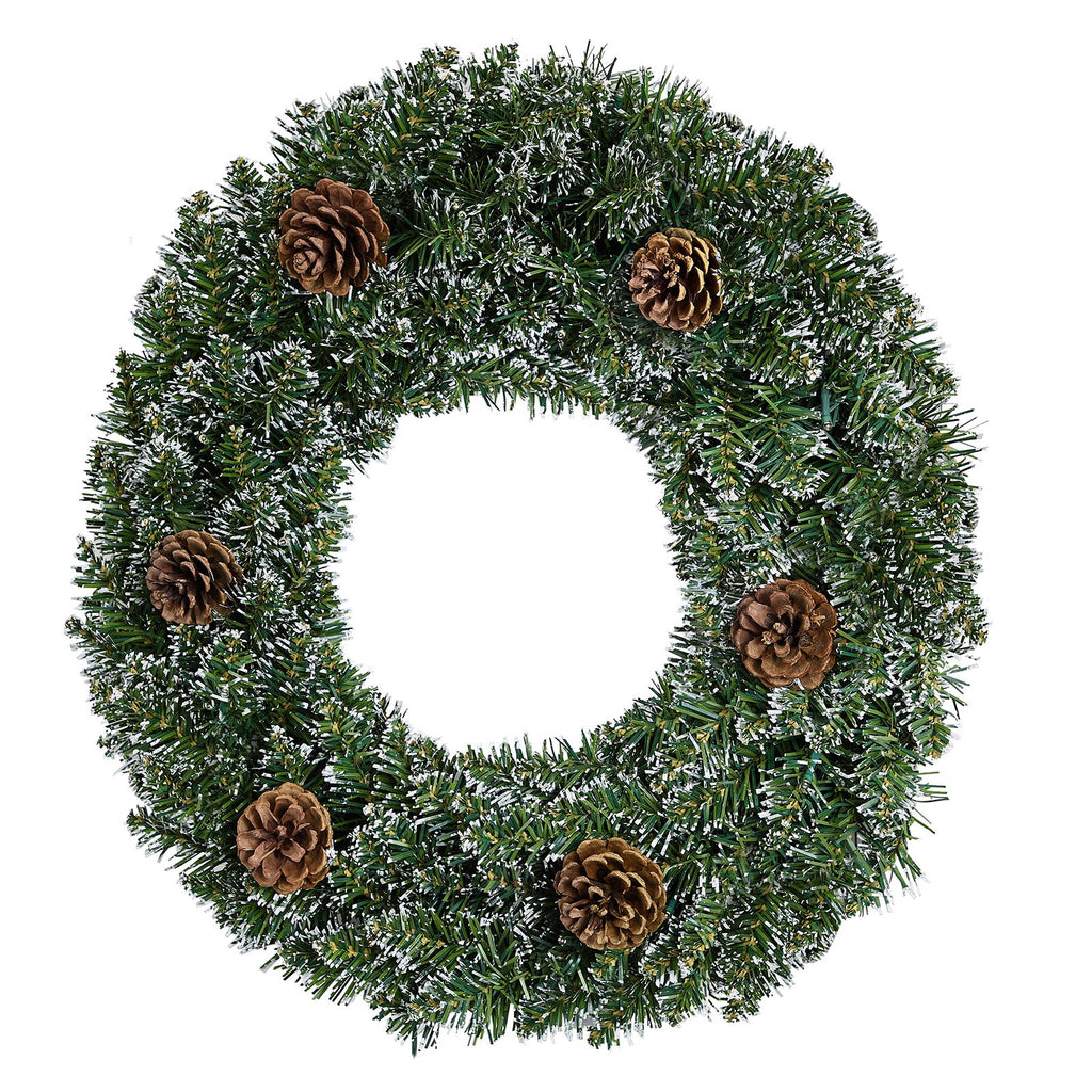 24" Snow-Tipped Pinecone Wreath, 150 PVC Tips, 50 Warm White LEDs with 8 Modes, Battery Box