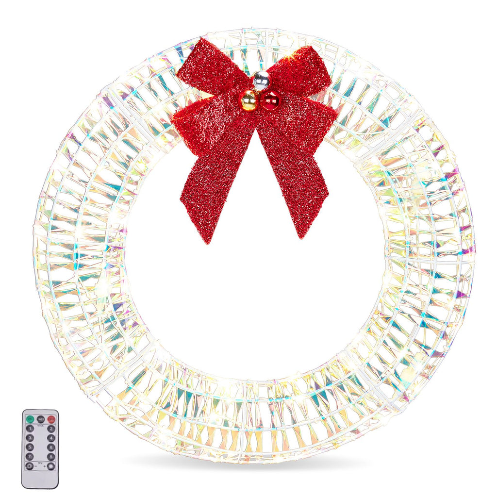 24in Pre-lit Iridescent Outdoor Christmas Wreath Decoration, Lighted Metal Wreath with Red Bow, Warm White LED Lights, for Front Door Gate Wall Indoor Outdoor Holiday Party