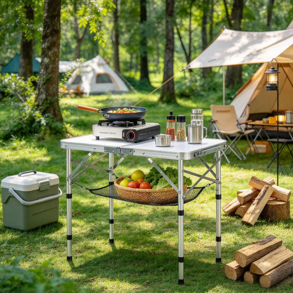 24x16in Folding Camping Table, Adjustable Height Portable Side Table with Mesh Layer & Carrying Handle, Lightweight & Compact for Outdoor Picnic, BBQ & Cooking, Silver