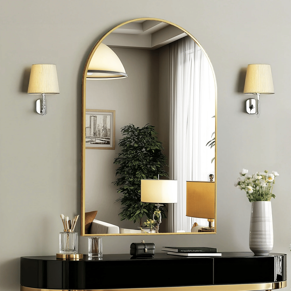 24"X36" Arched Bathroom Mirror, Wall Mounted Mirror with Aluminum Alloy Frame, Bathroom Mirror for Living Room, Bedroom, Bathroom and Entryway, Gold